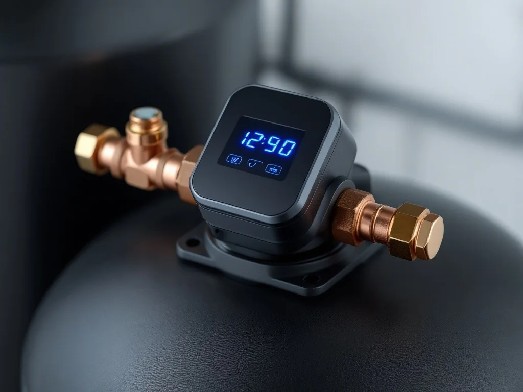 Close-up of a water softener's digital control valve