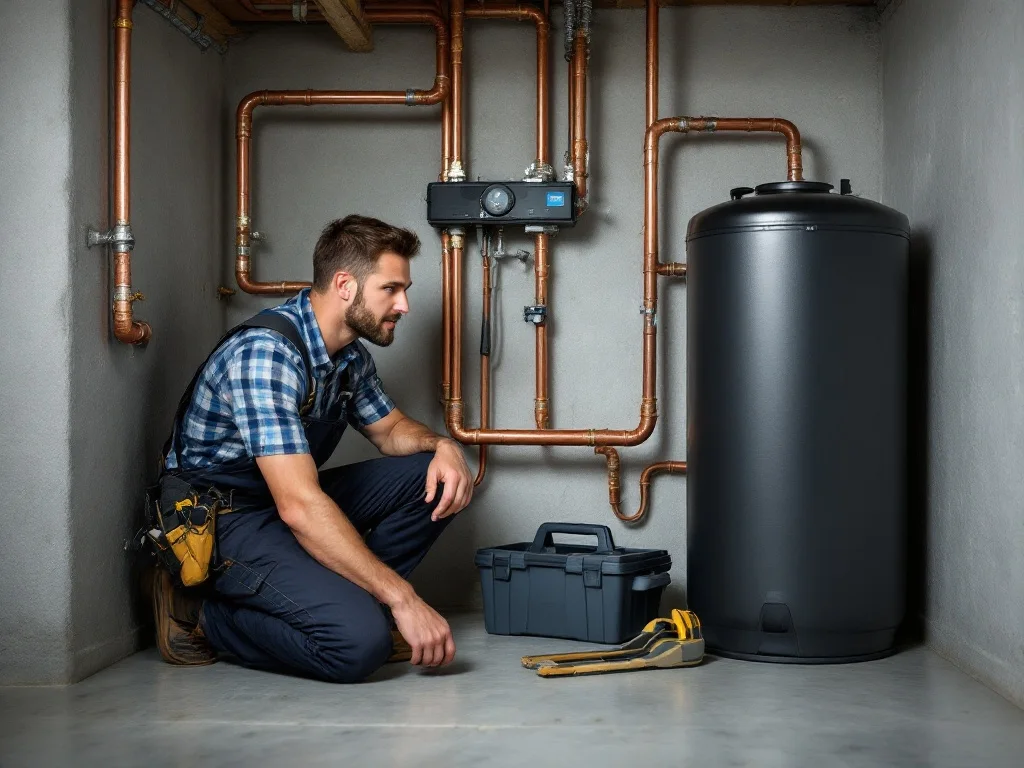 A licensed technician installing a whole-home water treatment system in an Edina, MN home