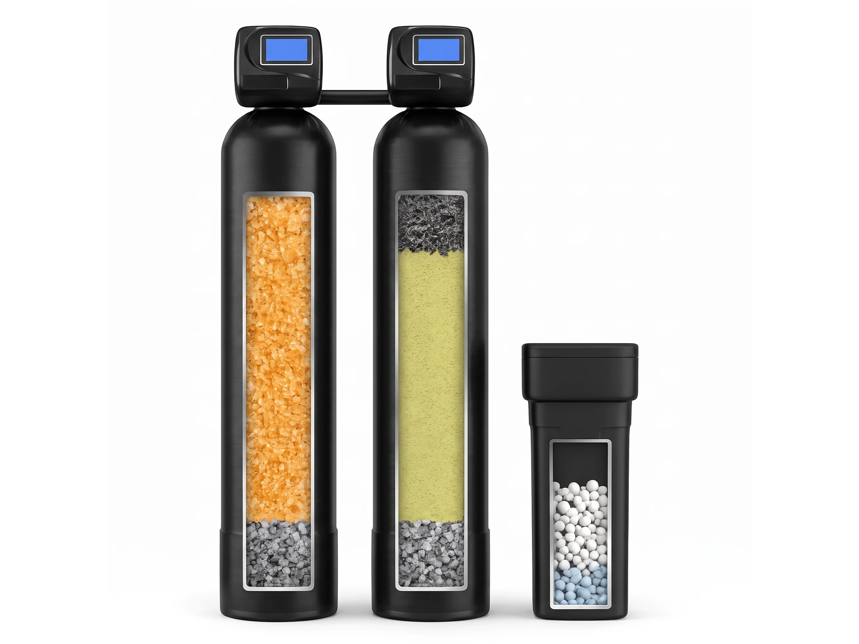 A private-well water treatment system with iron filter, softener and pressure tank